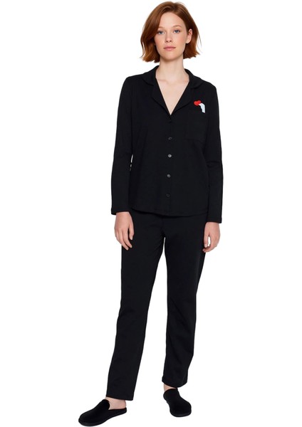 Kadın Kalpli Baskılı Gömlek ve Pantolon Pijama Takımı Fonksiyonel Dayanıklı Kaliteli Rahat fırsatları