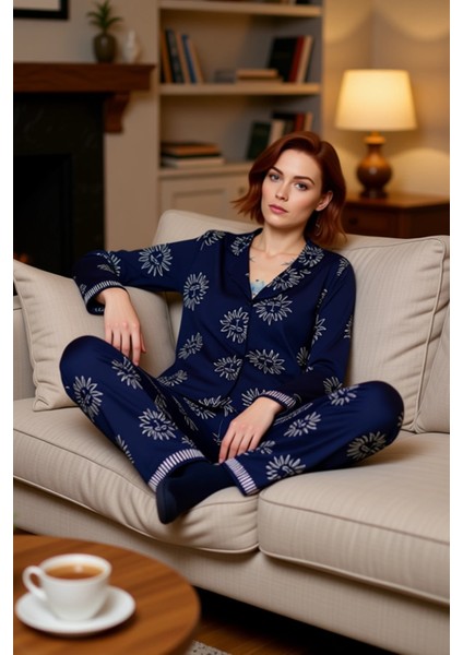 Kadın Galaksi Baskılı Gömlek ve Pantolon Pijama Takımı Fonksiyonel Dayanıklı Kaliteli Spor