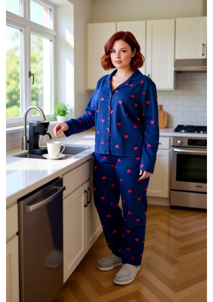 Kadin Kirmizi Kalp Desenli Gömlek Yaka Pijama Takımı Fonksiyonel Dayanıklı Kaliteli Modern fiyatları