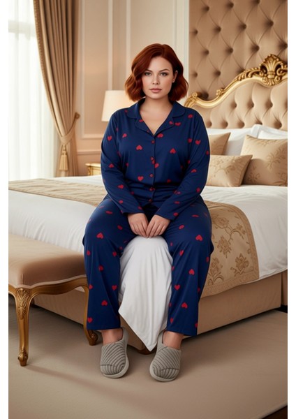 Kadin Kirmizi Kalp Desenli Gömlek Yaka Pijama Takımı Fonksiyonel Dayanıklı Kaliteli Modern modelleri
