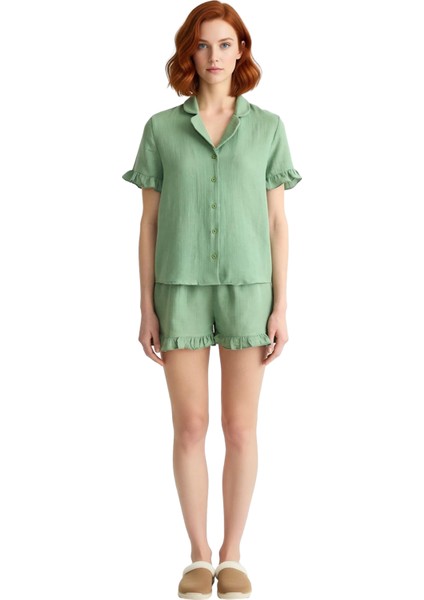 Kadın Müslin Fırfırlı Pijama Takımı Gömlek Şort Fonksiyonel Dayanıklı Kaliteli Konforlu Şık fiyatları
