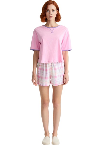 Kadın Ekose Şortlu Pijama Takımı Bisiklet Yaka Fonksiyonel Dayanıklı Kaliteli Konforlu Şık fiyatları