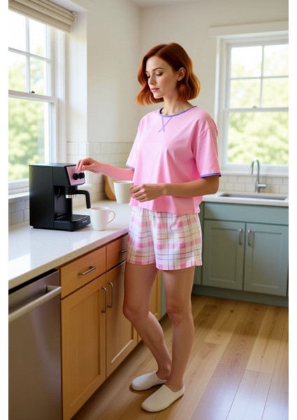 Kadın Ekose Şortlu Pijama Takımı Bisiklet Yaka Fonksiyonel Dayanıklı Kaliteli Konforlu Şık indirimleri