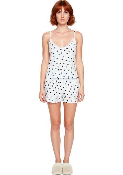 Kadın Kalp Desenli Ince Askılı V Yaka Pijama Takımı Fonksiyonel Dayanıklı Kaliteli Estetik fırsatları