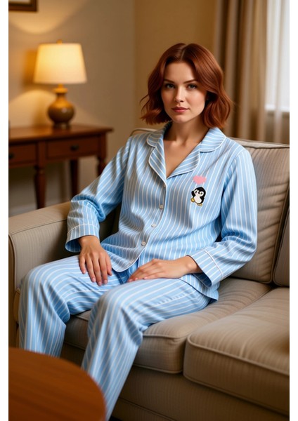Kadın Açık Çizgili Penguen Detaylı Pijama Takımı Fonksiyonel Dayanıklı Kaliteli Konforlu Şık