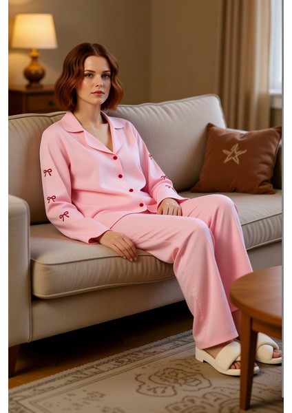 Kadın Kurdele Nakışlı Gömlek Pantolon Pijama Takımı Fonksiyonel Dayanıklı Kaliteli Estetik