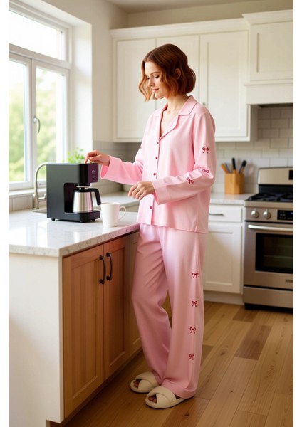 Kadın Kurdele Nakışlı Gömlek Pantolon Pijama Takımı Fonksiyonel Dayanıklı Kaliteli Estetik fiyatları