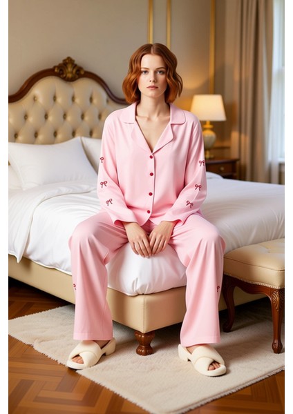 Kadın Kurdele Nakışlı Gömlek Pantolon Pijama Takımı Fonksiyonel Dayanıklı Kaliteli Estetik modelleri