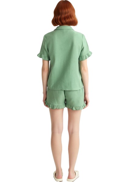 Kadın Fırfırlı Müslin Pijama Takımı Kısa Kollu Gömlek Şort Fonksiyonel Dayanıklı Kaliteli Şık fırsatları