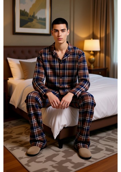 Erkek Ekose Pijama Takımı Gömlek Yaka Uzun Kollu Fonksiyonel Dayanıklı Kaliteli Konforlu Şık