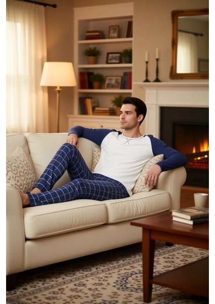 Erkek Bisiklet Yaka Kareli Pijama Takımı Uzun Kollu Fonksiyonel Dayanıklı Kaliteli Estetik