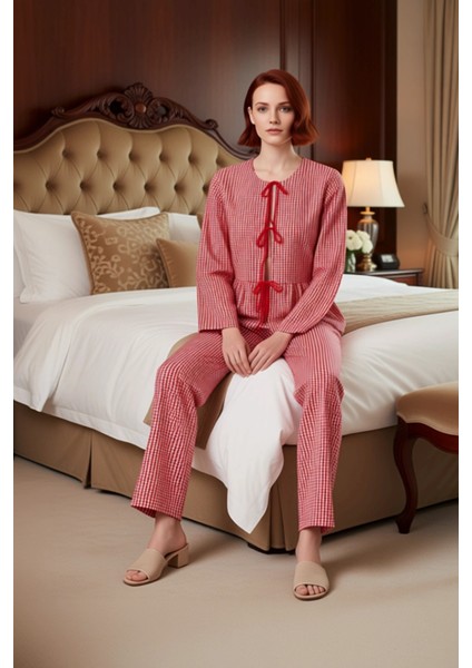 Kadin Kirmizi Kareli Pijama Gömlek Pantolon Takımı Fonksiyonel Dayanıklı Kaliteli Konforlu