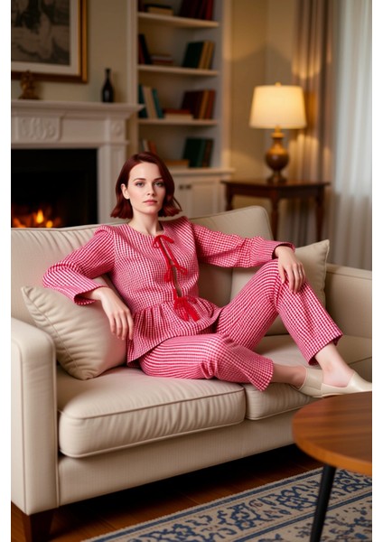 Kadin Kirmizi Kareli Pijama Gömlek Pantolon Takımı Fonksiyonel Dayanıklı Kaliteli Konforlu fırsatları