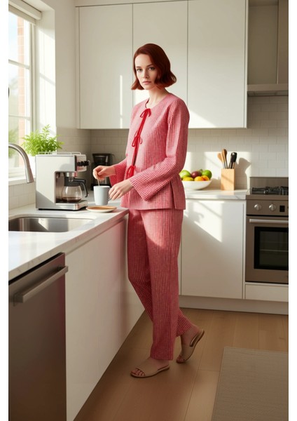 Kadin Kirmizi Kareli Pijama Gömlek Pantolon Takımı Fonksiyonel Dayanıklı Kaliteli Konforlu indirimleri