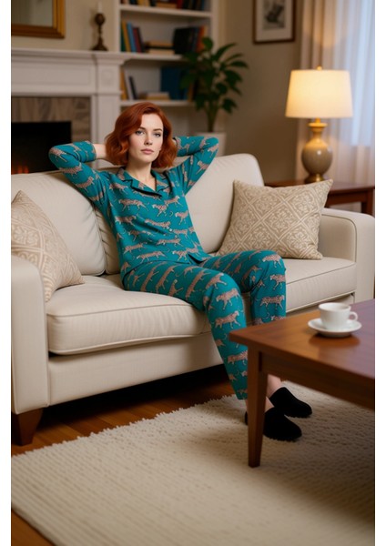 Kadın Kaplan Desenli Gömlek Yaka Pijama Takımı Fonksiyonel Dayanıklı Kaliteli Konforlu Şık