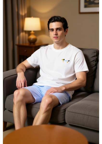 Erkek Çizgili Şortlu Pijama Takımı Köpek Detaylı Fonksiyonel Dayanıklı Kaliteli Konforlu Şık fırsatları