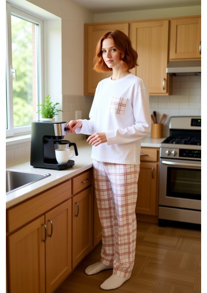 Kadın Ekoseli Pijama Takımı Uzun Kollu Bisiklet Yaka Fonksiyonel Dayanıklı Kaliteli Modern fiyatları