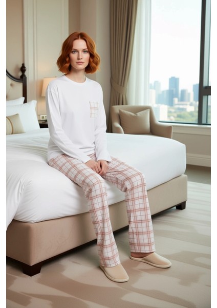 Kadın Ekoseli Pijama Takımı Uzun Kollu Bisiklet Yaka Fonksiyonel Dayanıklı Kaliteli Modern modelleri