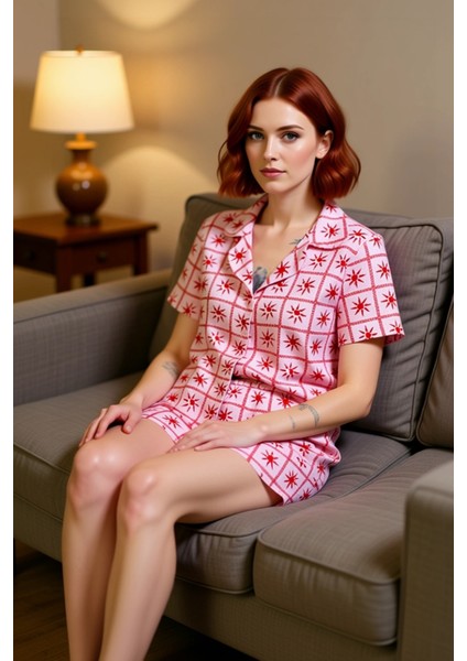 Kadın Güneş Desenli Viskon Pijama Takımı Gömlek Şort Fonksiyonel Dayanıklı Kaliteli Modern indirimleri
