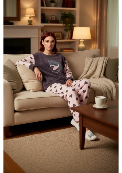 Kadın Kalpli Polar Pijama Takımı Bisiklet Yaka Uzun Kollu Fonksiyonel Dayanıklı Kaliteli Şık