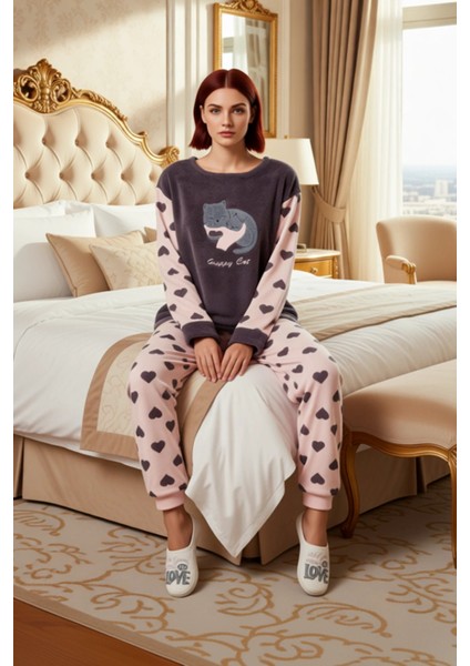 Kadın Kalpli Polar Pijama Takımı Bisiklet Yaka Uzun Kollu Fonksiyonel Dayanıklı Kaliteli Şık modelleri