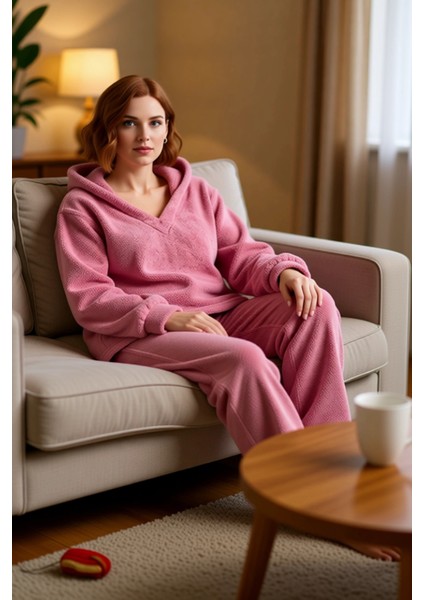 Kadın Peluş Kulaklı Kapüşonlu Pijama Takımı Fonksiyonel Dayanıklı Kaliteli Konforlu Modern