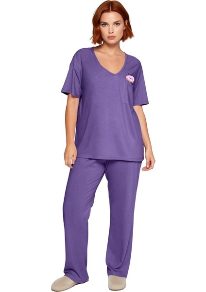 Kadın Lila Baskılı Cep Detaylı V Yaka Kısa Kollu Pijama Takımı Fonksiyonel Dayanıklı Rahat fırsatları