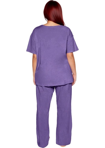 Kadın Lila Baskılı Cep Detaylı V Yaka Kısa Kollu Pijama Takımı Fonksiyonel Dayanıklı Rahat indirimleri