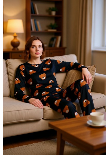 Ayıcık Baskılı Uzun Kollu Pijama Takımı Kadın Fonksiyonel Dayanıklı Kaliteli Konforlu Spor