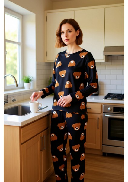 Ayıcık Baskılı Uzun Kollu Pijama Takımı Kadın Fonksiyonel Dayanıklı Kaliteli Konforlu Spor fiyatları