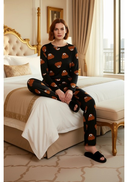 Ayıcık Baskılı Uzun Kollu Pijama Takımı Kadın Fonksiyonel Dayanıklı Kaliteli Konforlu Spor modelleri
