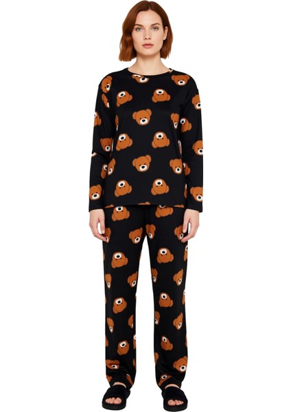 Ayıcık Baskılı Uzun Kollu Pijama Takımı Kadın Fonksiyonel Dayanıklı Kaliteli Konforlu Spor fırsatları