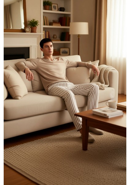 Erkek Vizon Çizgili Regular Fit Örme Pijama Takımı Fonksiyonel Dayanıklı Kaliteli Konforlu