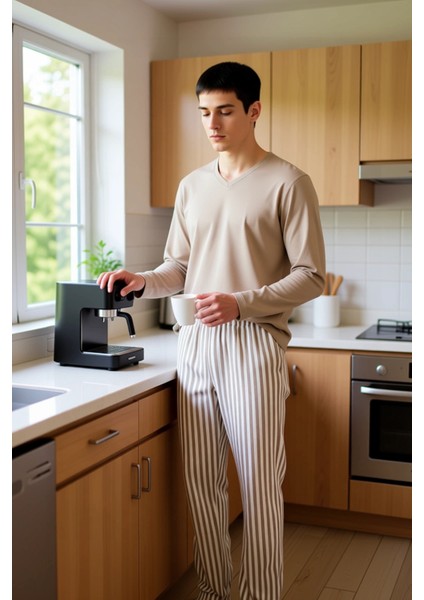 Erkek Vizon Çizgili Regular Fit Örme Pijama Takımı Fonksiyonel Dayanıklı Kaliteli Konforlu fiyatları
