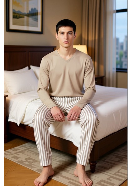 Erkek Vizon Çizgili Regular Fit Örme Pijama Takımı Fonksiyonel Dayanıklı Kaliteli Konforlu modelleri