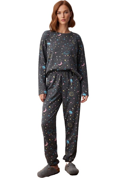 Kadın Galaksi Baskılı Pijama Takımı Uzun Kollu Bisiklet Yaka Fonksiyonel Dayanıklı Estetik fırsatları