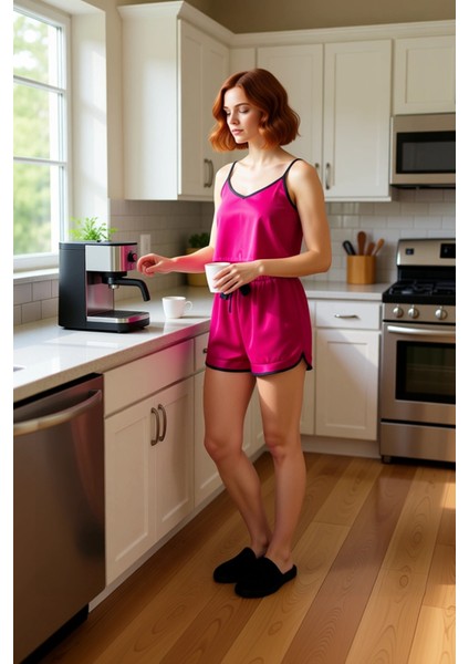 Kadın Fuşya Saten Ev Giyim Takımı Ince Askılı Şortlu Fonksiyonel Dayanıklı Kaliteli Modern indirimleri