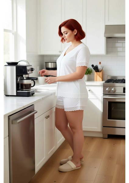 Kadın Viskon Dantelli Pijama Takımı V Yaka Kısa Kollu Fonksiyonel Dayanıklı Kaliteli Rahat