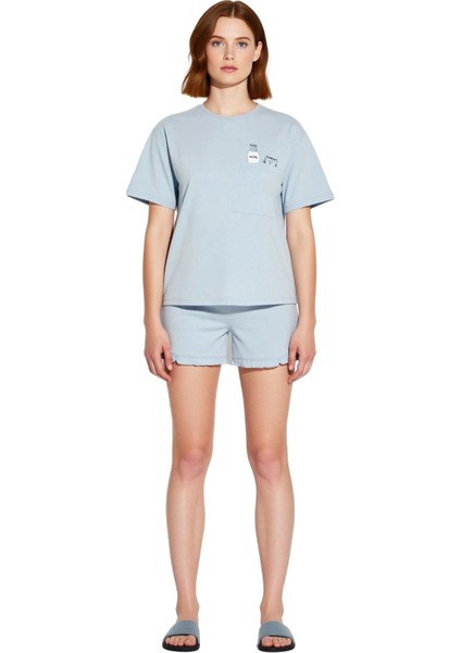 Kadın Açık Kedi Baskılı Bisiklet Yaka Kısa Kollu Pijama Takımı Fonksiyonel Dayanıklı Rahat fırsatları