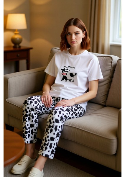 Kadın Hayvan Desenli Pamuklu Pijama Takımı Fonksiyonel Dayanıklı Kaliteli Konforlu Estetik