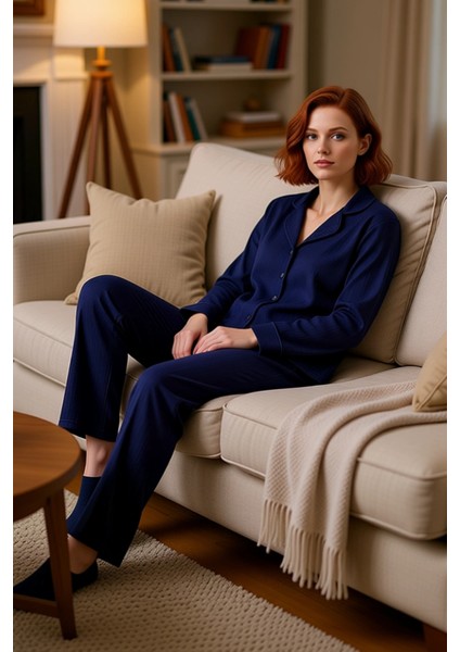 Kadın Füme Dokulu Fitilli Gömlek Yaka Pijama Takımı Fonksiyonel Dayanıklı Kaliteli Estetik