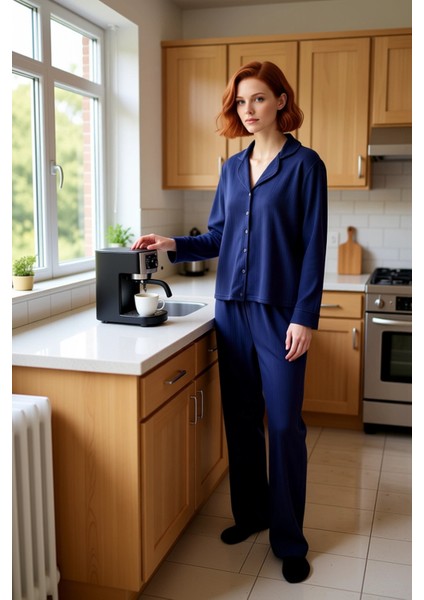 Kadın Füme Dokulu Fitilli Gömlek Yaka Pijama Takımı Fonksiyonel Dayanıklı Kaliteli Estetik fiyatları