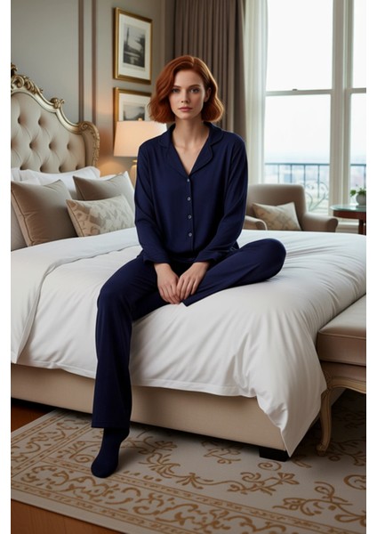 Kadın Füme Dokulu Fitilli Gömlek Yaka Pijama Takımı Fonksiyonel Dayanıklı Kaliteli Estetik modelleri