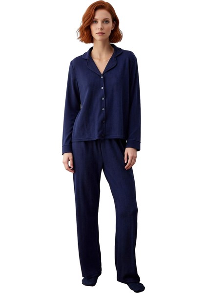 Kadın Füme Dokulu Fitilli Gömlek Yaka Pijama Takımı Fonksiyonel Dayanıklı Kaliteli Estetik fırsatları