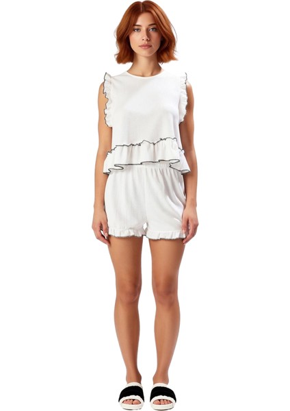 Kadın Bisiklet Yaka Fırfırlı Örme Pijama Takımı Fonksiyonel Dayanıklı Kaliteli Konforlu Şık modelleri