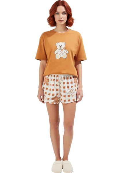 Kadın Ayıcık Baskılı Ekose Şortlu Pijama Takımı Fonksiyonel Dayanıklı Kaliteli Konforlu Şık fiyatları