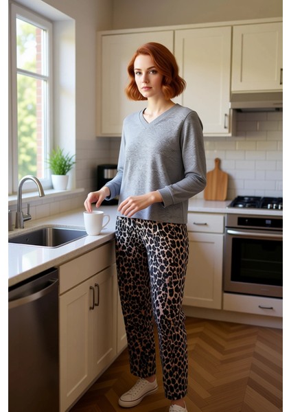 Kadın Leopar Desenli Ev Giyim Takımı V Yaka Uzun Kollu Fonksiyonel Dayanıklı Kaliteli Spor