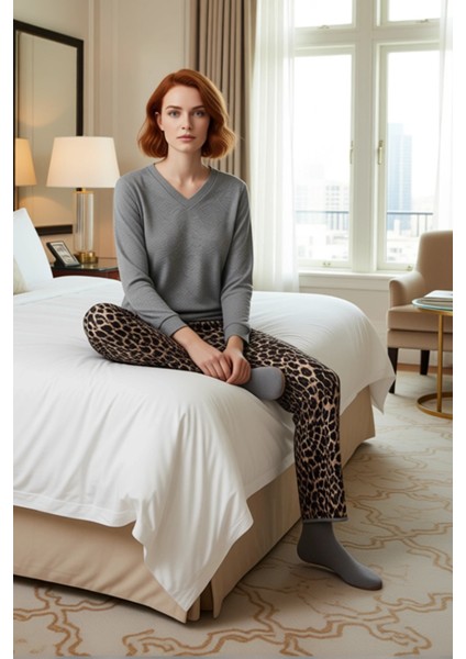Kadın Leopar Desenli Ev Giyim Takımı V Yaka Uzun Kollu Fonksiyonel Dayanıklı Kaliteli Spor fiyatları