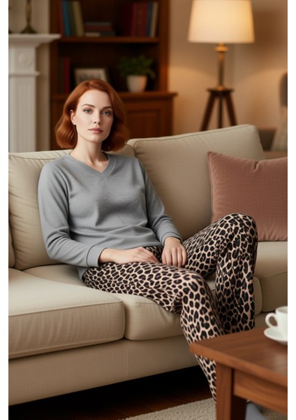 Kadın Leopar Desenli Ev Giyim Takımı V Yaka Uzun Kollu Fonksiyonel Dayanıklı Kaliteli Spor indirimleri