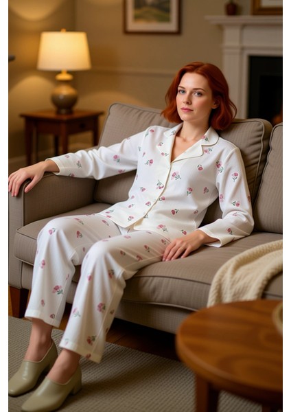 Kadın Çiçekli Gömlek Yaka Pijama Takımı Fonksiyonel Dayanıklı Kaliteli Konforlu Estetik Şık
